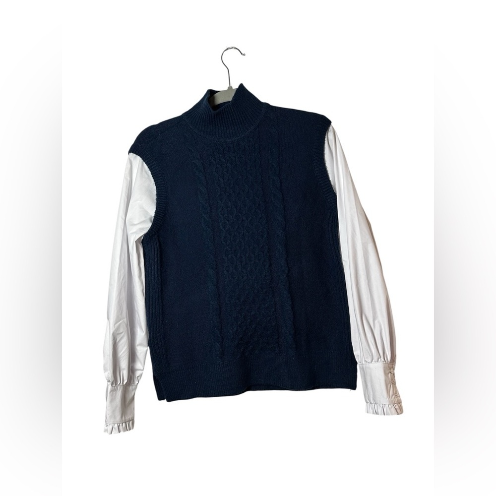 LOFT Sweater Vest Blouse Combo Womens S Navy White Cable Knit Mixed Media Top - Picture 2 of 6